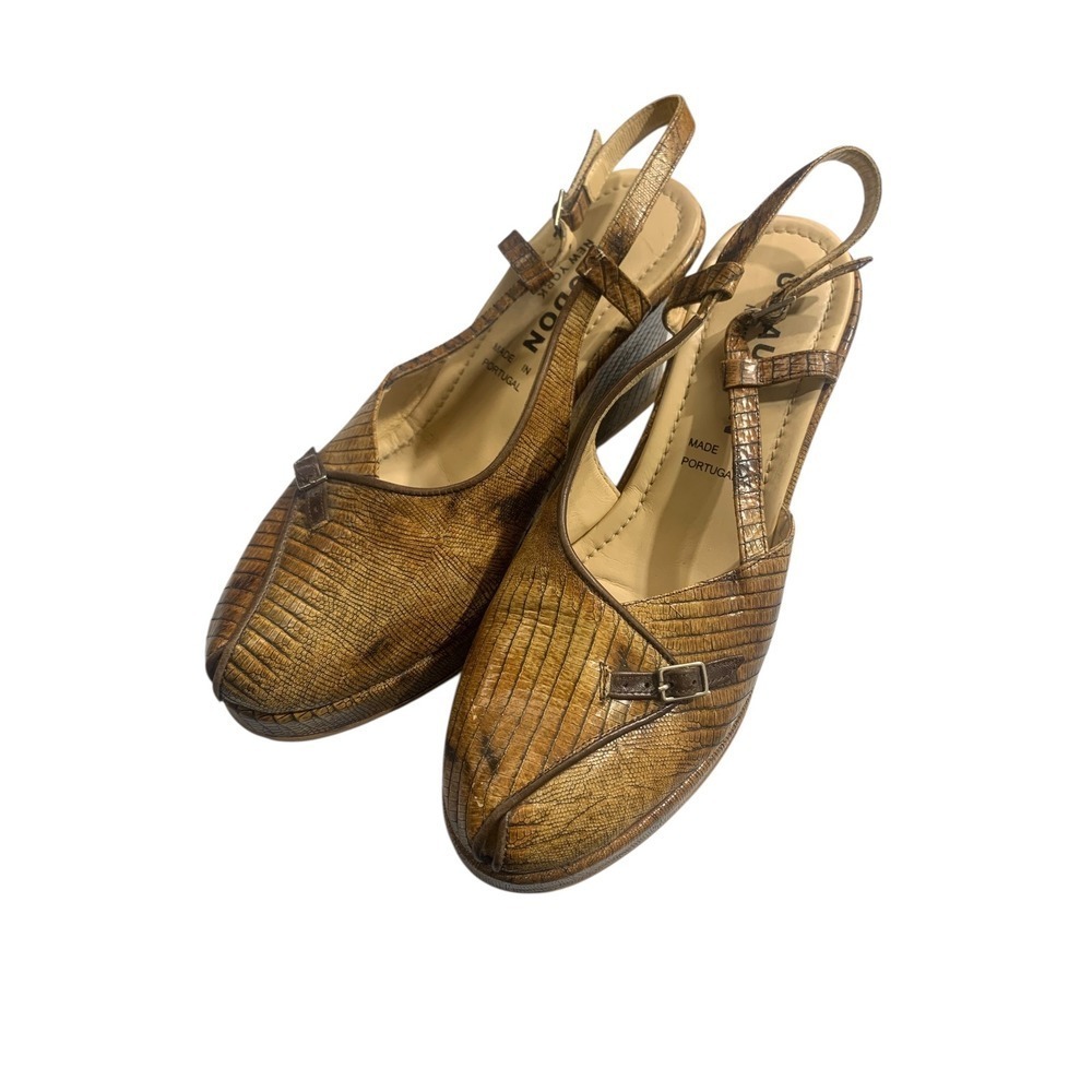 Vintage Giraudon Slingback Wedge Heels Open Toe Brown Reptile Size 8